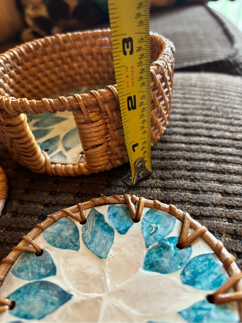 handwoven rattan coaster set of 6  mother-of-pearl floral mosaic inlay